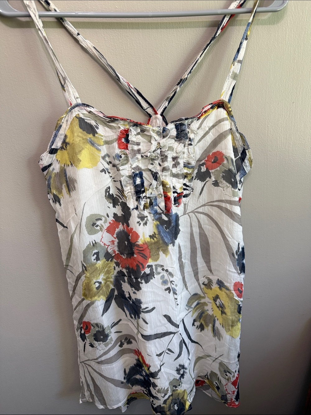 Abercrombie & Fitch White Floral Ruffle Cami with Yellow, Red & Blue Flowers